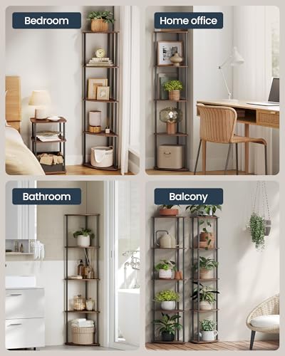 Songmics Home Superfast Toolless Assembly, 5-Tier Corner Shelf, Corner Shelving Unit, Corner Storage Stand, 38.3 X 27 X 139 Cm, Living Room, Bedroom, Kitchen, Somber Walnut LBC610K02 - 5