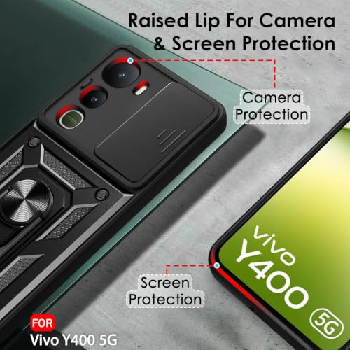 Image of TheGiftKart Tough Armor Bumper Back Cover Case for Vivo Y400 5G | Kickstand & Ring Holder | 360 Degree Protection Back Cover Case for Vivo Y400 5G (PC & TPU, Sliding Camera Cover, Black)