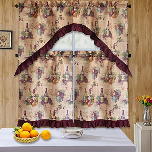 Kashi Home 3 Piece Kitchen Curtain Swag Set, Two Tiers & Ruffled Swag Decorative Window Treatment, Rod Pocket Grapes & Wine Printed Design Selena #TOP22