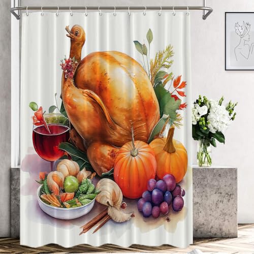 Shrahala Happy Thanksgiving Day Polyester Shower Curtain, Turkey Gourmet Food Grapes Squash Bath Curtain Waterproof with Plastic Rings for Shower Stall Bathtubs 72 X 72 in
