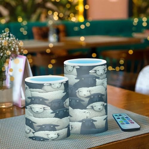 Image of Lights Flameless Candles Black White Lamb Sheer Pillar Candles Set of 2 Battery Operated Remote Control Warm Lights Home Decor