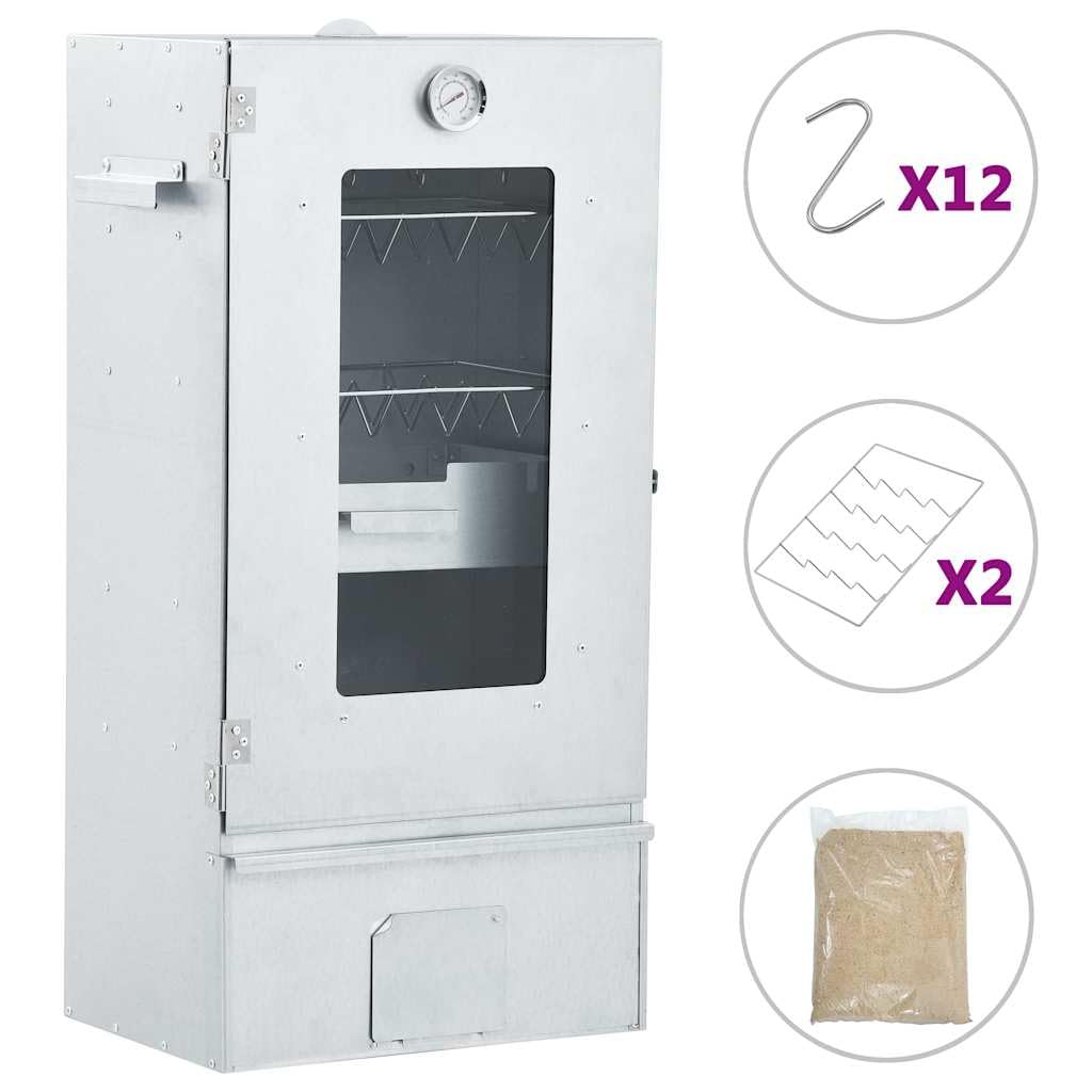 Piec do wędzenia na zewnątrz z ocynkowanej stali z termometrem, oknem i 1 kg wiórów drzewnych, piekarnik grillowy 44,5 x 29 x 83 cm do mięsa, ryb i kiełbasek, w zestawie 12 haczyków w kształcie litery