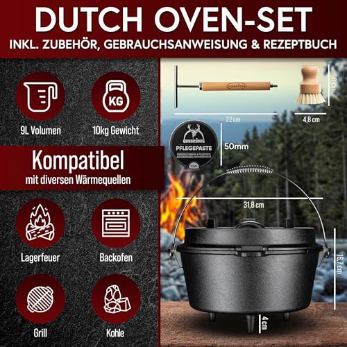 Foto von GUSSKÖNIG Premium Dutch Oven 9 Liter Set-2in1 Feuertopf Gusseisen mit Füßen