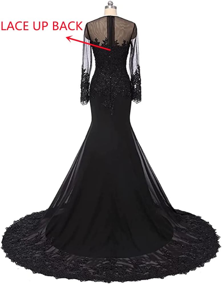 Honeydress Women's Mermaid Long Sleeves Lace Prom Dress Beaded Appliques Formal Evening Ball Gowns