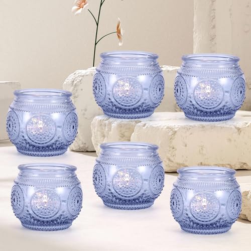 Viitech Lot de 6 photophores en verre - Style rétro - Bleu - 6,5 x 5,5 cm - Pour table - Décoration de table de mariage - Décoration d'intérieur