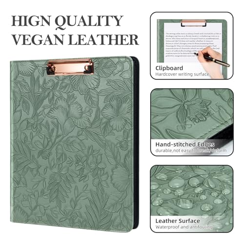 Image of Ospelelf Green Leather Portfolio Binder 3 Ring, Zippered Clipboard Folder with Storage - 5 Dividers with Pocket, Padfolio for Women,12.1 inch Tablet Sleeve, Refillable Notepad, Card Slot