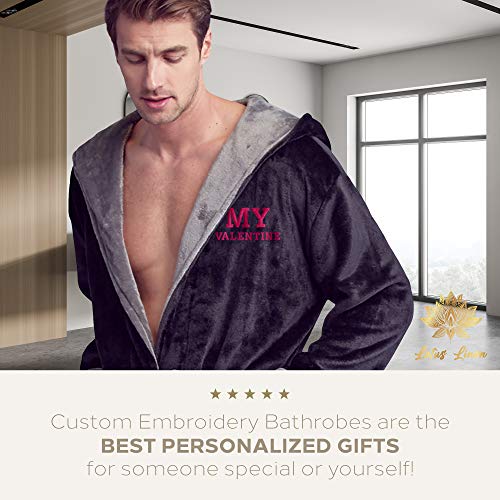 Lotus Linen Mens Plush Robe, Soft Hooded Long Robes For Men, Luxury Mens Bathrobes (Black-Grey Personalize, S) #TOP2