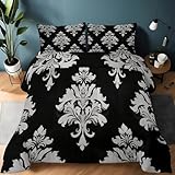 Kids Quilt Set Twin Size Retro Brocade Pattern Printed Coverlet, Reversible Bedspread Bedding Set Soft All-Season Quilted Coverlet for Kids Boys Girls, Black