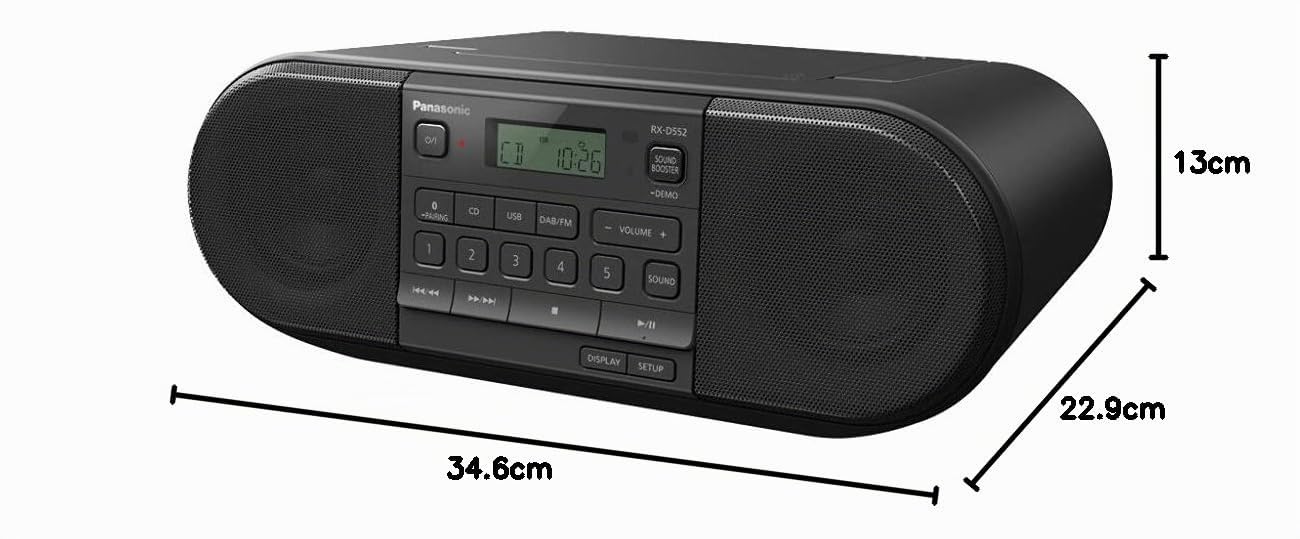 Panasonic RX-D552 Radio DAB+, Bluetooth, Lettore Cd, Design Vintage, 20W, USB, Telecomando Incluso, Portatile, Sound Booster, Nero