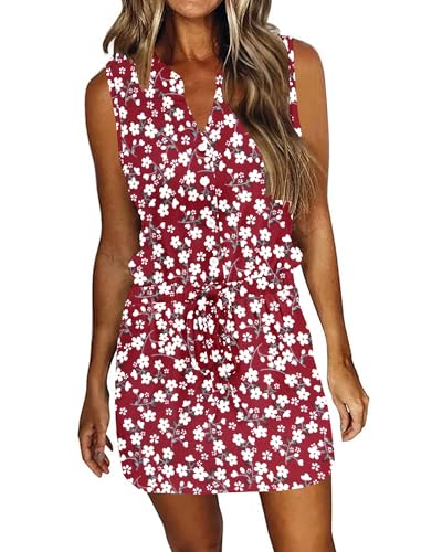 AUSELILY Womens Summer Dresses 2025 Casual V Neck Sleeveless Drawstring Button Mini Dress with Pockets, Red Flower M
