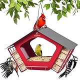 Kingsyard Metal Bird Feeders for Outdoor Hanging, 2 in 1 Mixed Seeds Feeder with Double Suet Cages,Weatherproof Metal Roof & Perch, Great for Finch Cardinal Chickadee, Easy to Clean & Refill, Red