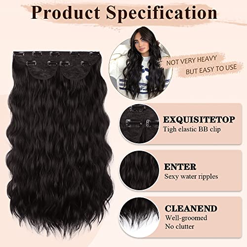 Dee Thens Clip in Wavy Hair Extensions Long Hair Extensions for Women Hair Pieces Natural Black Synthetic Full Head Invisible Wavy 3pcs Clip Extensions 260g - Thumbnail 4