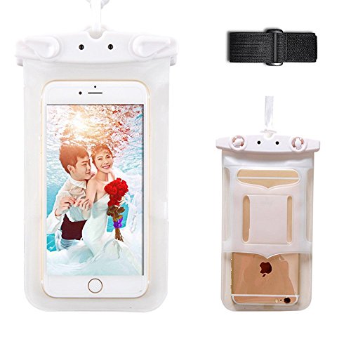 PTCM Universal alta calidad casos Submarino seco bolsa impermeable con brazalete elástico para Apple Iphone 4/4 s/5/5 s/6/6 S/6plus/6 S Plus, Samsung Galaxy S3/S4/S5/S6 y de otros teléfono celular hacia arriba a 6 pulgadas, IPX8 certificado a 100 pies, táctil reactivo ventanas transparentes, bolsa impermeable para barco/senderismo/natación/Buceo – blanco