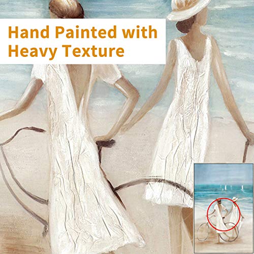 Hardy Gallery Abstract Beach Canvas Painting Picture: Hand Painted Coastal Artwork Women & Bicycle Wall Art Framed For Living Room (36” X 24” X1 Panel) #TOP3
