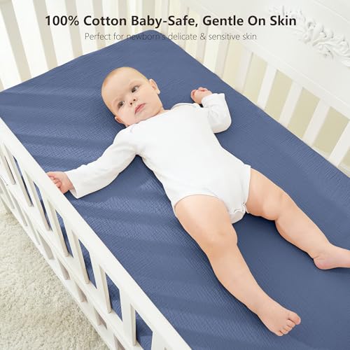 Image of Bearmoss Muslin Mini Crib Sheets for Pack N Play Mattress - 100% Cotton - 38 inchx26 inch Soft Breathable Playard Baby Crib Sheets Neutral for Boys Girls - 2 Pack (Blue Crescent)