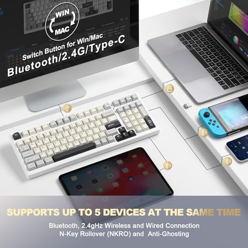 YUNZII YZ98 99 キー メカニカル キーボード ガスケット搭載 ホットスワップ対応 BT5.0/2.4G/USB-C ワイヤレス ゲーミング キーボード NKRO 98% 1800 レイアウト RGB Linux/Win/Mac用 技適認証取得 (ホワイト, ココアクリームV2スイッチ)