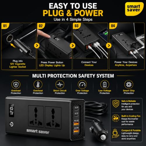 Image of Smart Saver Laptop Charger for Car, 200W Car Power Inverter, DC 12V to 2200V AC Car Plug Adapter Outlet with 20W PD, QC3.0 Fast Charger 36W, Power Inverter for Vehicles