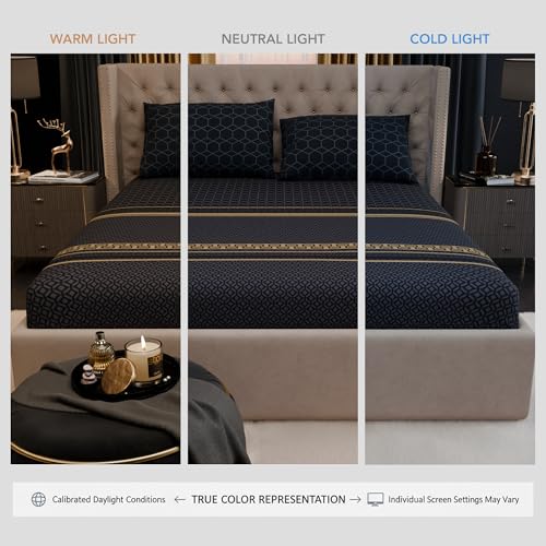 Image of Stoa Paris 100% Bamboo Cotton King Size Fitted Bedsheet with 2 Pillow Covers, 200TC Printed Bed Set, Breathable, All-Season Comfort, Home Decor, Imperial Grandeur -Obsidian Suite(182cmx198cm+30cm)