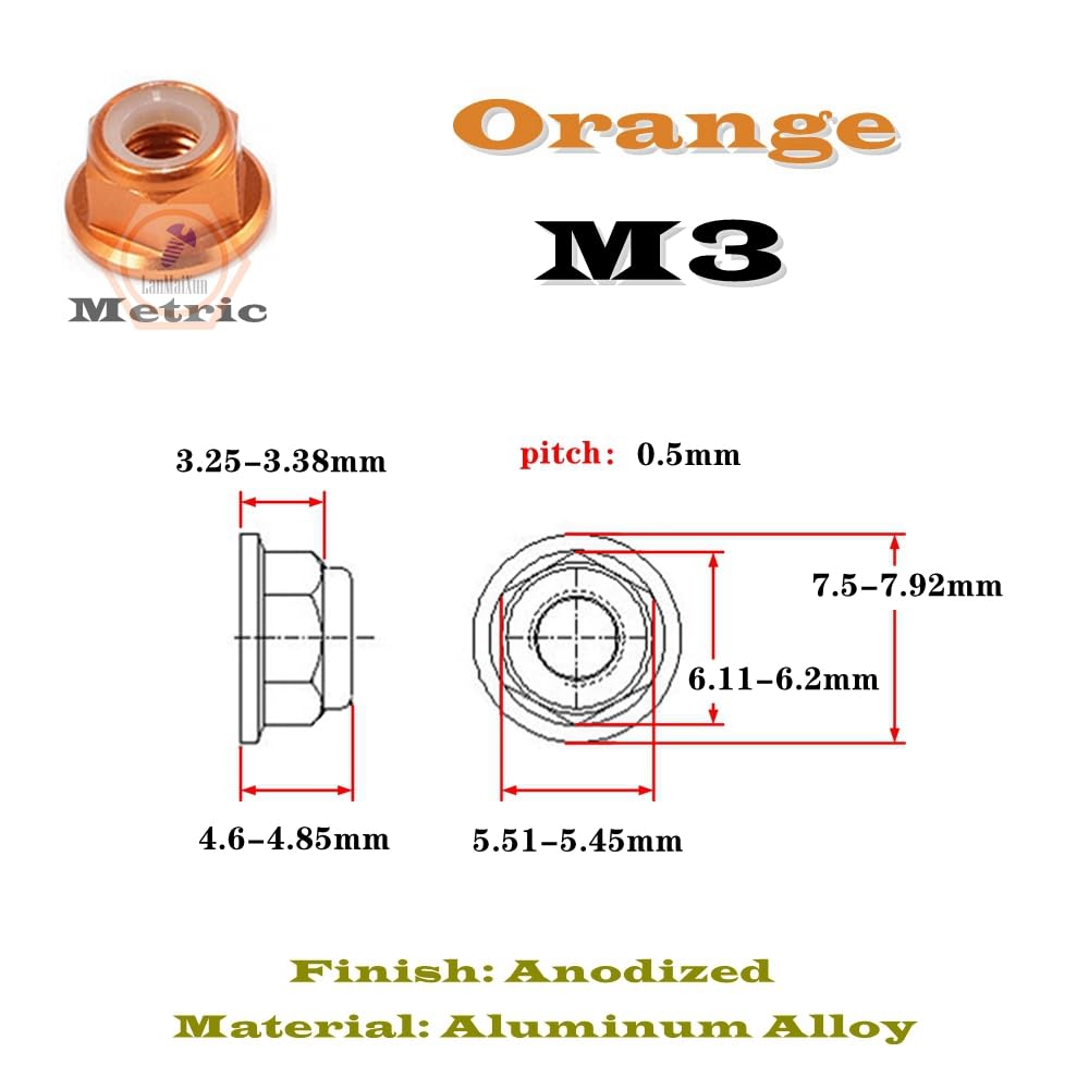 20pcs M3 【Orange】 Aluminum Alloy Flange Lock Nuts, Lightweight self-Locking Nuts