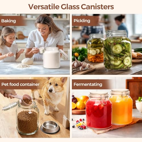 Image of ComSaf Glass Pantry Jars with Airtight Lids 0.7 Gal 2 Pack Wide Mouth Flour | BPA-free food-grade glass, wire clamp seal, wide mouth, 88 oz, bulk flour & sugar, rice, sourdough starter, candy & cookie