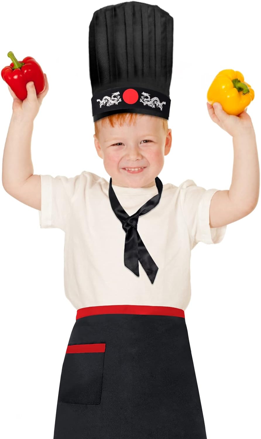キッズ ひばち シェフハット 鉄板焼き トールシェフ キャップ 八巻 ヘッドバンド タイエプロン 火鉢誕生日パーティーコスチューム用