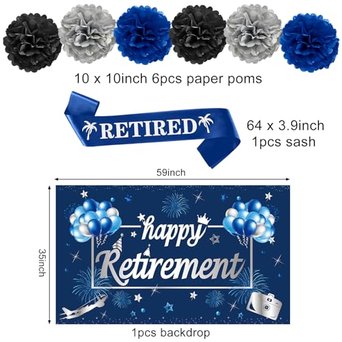 Image of Kuxriox 20PCS Retirement Party Decorations Kit for Men, Blue Silver Retirement Backdrop Balloons Honeycomb Centerpiece Swirl Paper Pompoms Party Supplies, Retired Sash Table Topper Swirls Set