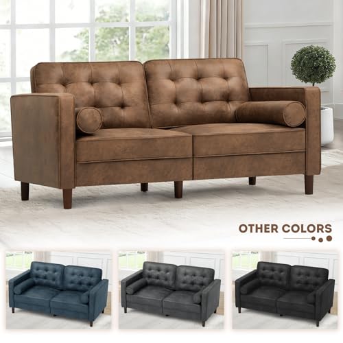 Image of 67 inch Suede Leather 2-seat Sofa with Two Bolster Pillows, Brown | Tufted Loveseat with Wooden Legs, Morden Sofa Suitable for Living Room, Office