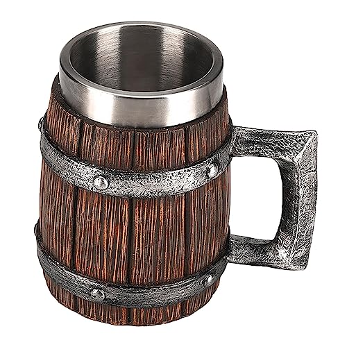 ビールジョッキ ビアジョッキ レトロ風 ビール ジョッキ 樽型 酒器 マグカップ 模造木目 ビール樽カップ 大容量 600l 保温断熱 レトロ風 木調ステンレス製 ミルク コーヒー カップ 酒器 ビールコップ オークバレルカップ バー用品
