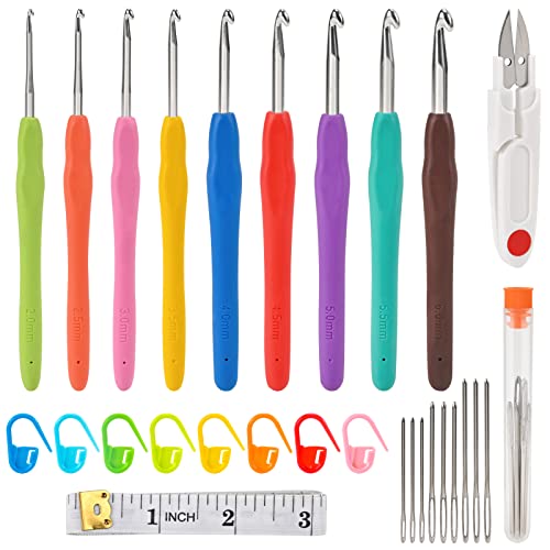 Aiguilles à Crochet Set,9pcs Crochet Tricot,Crochets Ergonomiques en Métal de 2.0 mm à 6.0 mm,kits de Crochet pour Débutants et Professionnels Cover
