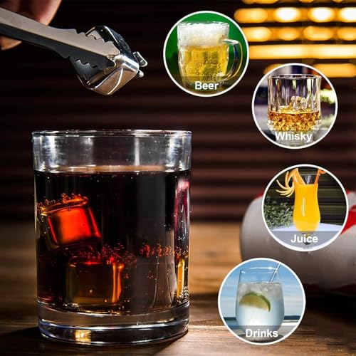 Image of 6 Stainless Steel Whiskey Stones Ice Cubes with Tongs & Container - Food Grade Quick-Frozen Ice for Red Wine, Whiskey, Cocktails - Reusable Metal Ice Cubes for Chilling Drinks (6 PIC)