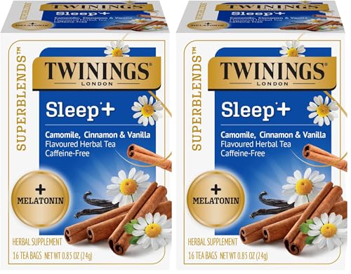 Image of Twinings Superblends Sleep+ Herbal Tea with 1mg Melatonin Camomile, Cinnamon & Vanilla, Naturally Caffeine-Free, Enjoy Hot or Iced, 16 Tea Bags (Pack of 2)