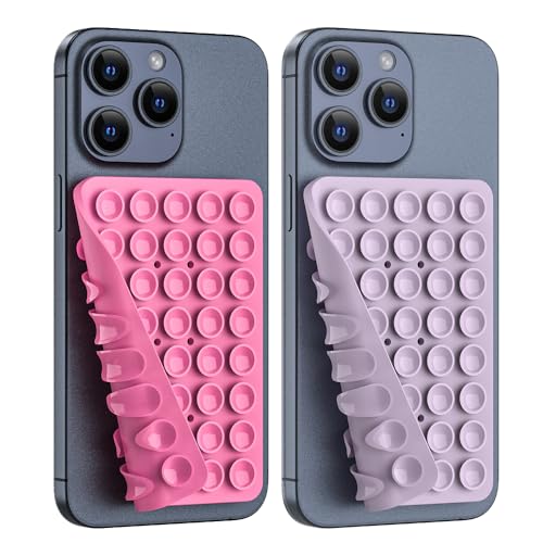 Image of Double Sided Silicone Suction Phone Holder Mount, Silicon Accessory for iPhone and Android, Hands-Free Mirror Shower Phone Holder, TikTok Videos and Selfies (Pink+Violet)
