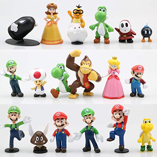 Super Mario Toys  Set of 18 Mario Figures  Mario Action Figures with Movable Heads and Arms  Mario Playset for Playing or Decoration