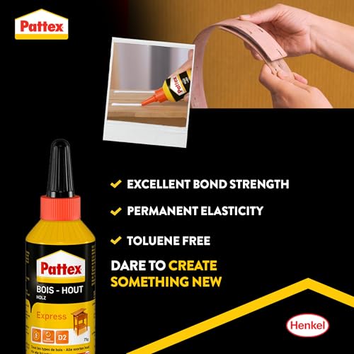 Pattex Wood Glue Express Bottle - 75g | Waterproof D2 Adhesive | Strong Bonding for Composites & Laminates | Quick Dry Formula | Furniture Repair | Indoor Use (Pack of 1)
