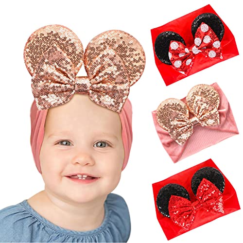 UHOMENY Baby Mouse Ears Headband, Pink Velvet Hairband with Sequin Bows - Handcrafted Hair Accessory for Baby Girls, Newborn to Toddler, Perfect for Birthday, Festival, Baby Shower - 1 Count