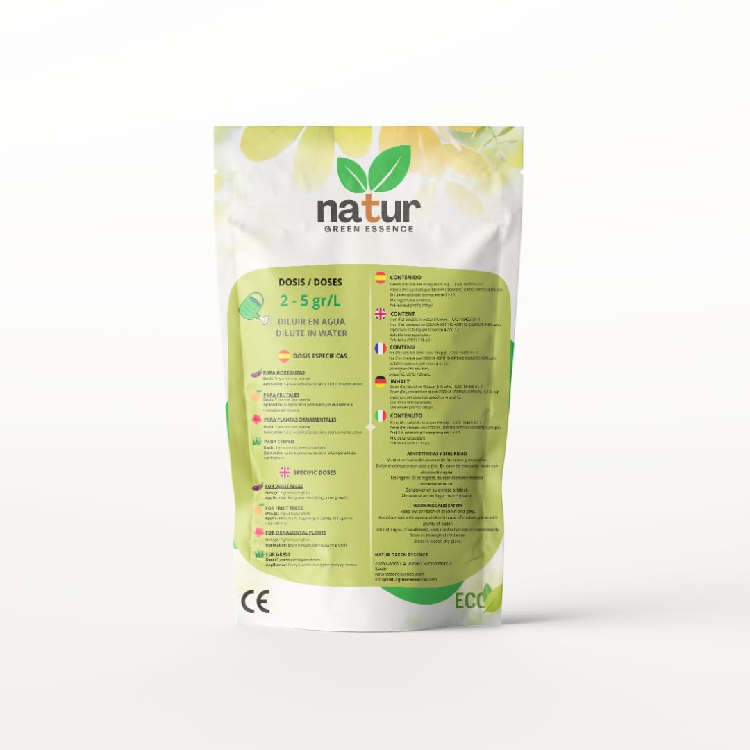 Natur, QUELATO DE HIERRO EDDHA para plantas, Reverdeciente Anticlorosis, Nutriente imprescindible, Fertilizante ecológico, Concentración ideal (6% Fe EDDHA o,o 4,8%), Plantas Verdes y Sanas, 5 KG