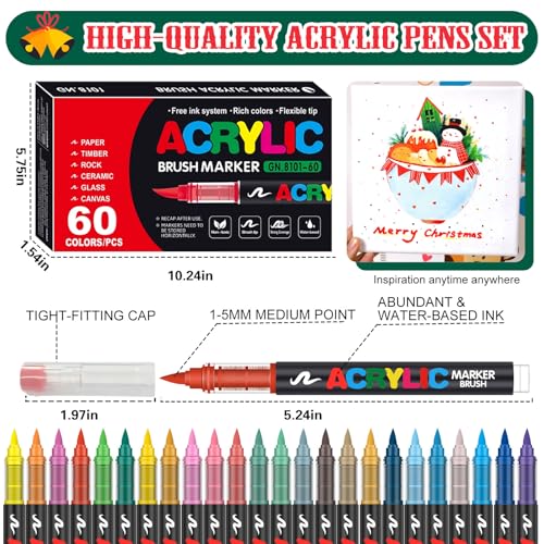 Image of Acrylic Paint Markers, Soft Brush Tip Pens and Markers, Acrylic Paint Pens for Wood, Stone, Canvas, Glass, Fabric, Egg, Rock Painting and DIY Craft Art Supplies (60)