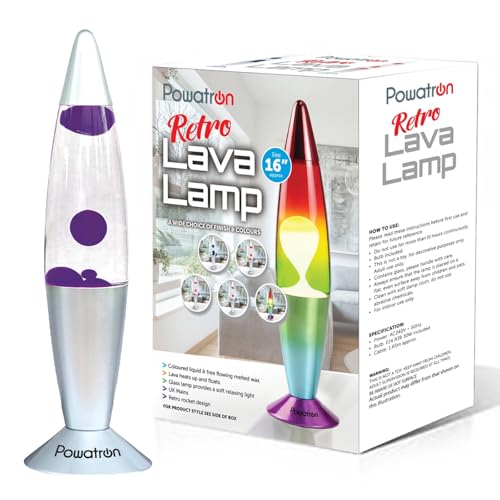 Powatron Lava Lamp 16 Retro Liquid Motion Lamp for Kids & Adults – Purple Wax Decorative Mood Lighting Night Light with Bulb & UK Mains Plug Soothing Motion Mood Lamp