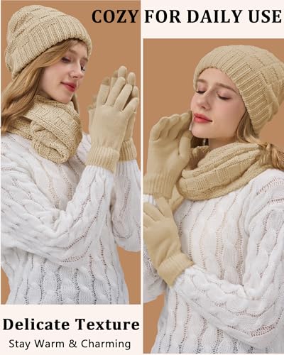 REACH STAR Womens Winter Warm Beanie Hat Touchscreen Gloves Scarf Set with Soft Lined 3 In 1 Set for Cold Weather4
