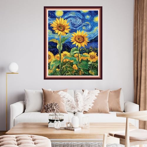 Image of Fanxvivy Stamped Cross Stitch Kits for Beginners Full Range of Cross Stitching Preprinted Embroidery Kits for Adults, 11CT Embroidery Pattern Needlepoint Kits-Van Gogh Starry Sky Sunflower 16x20 inch