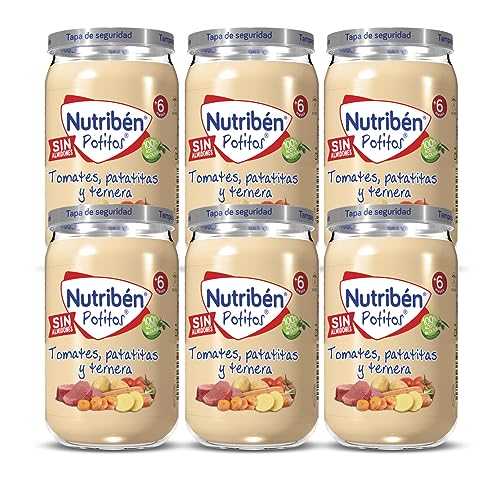 Nutribén Potitos | Tarrito de Tomates, Patatitas y Ternera | Para Bebés a partir de 6 Meses | Sin Almidones | Sin Azúcares Añadidos | Sin Gluten, Huevo, Leche | Pack de 6 Unidades | 1410 g