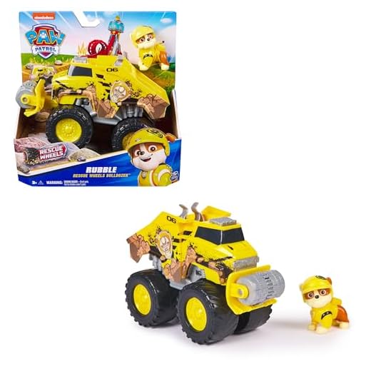 PAW PATROL Rescue Wheels - Rubbles Bulldozer Monstertruck mit Rubble Hundefigur, Spielzeug für Kinder ab 3 Jahren