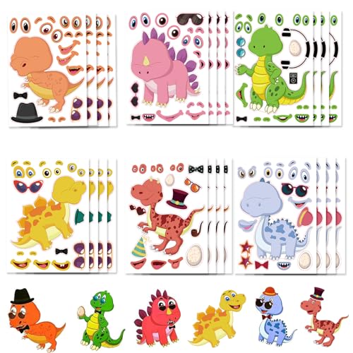 PIMXL 24 Hojas Pegatinas de Dinosaurios - Kit de Recompensas de Pegatinas para Hacer Caras - Actividad Creativa para Fiestas y Regalos Haz Tus propias Hojas de Adhesivos