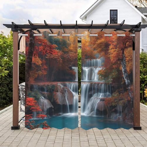 Autumn nature forest Waterproof Outdoor Curtains for Patio,colorful trees with