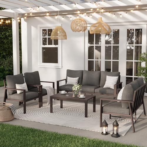 Image of Aluminum Patio Furniture Set 5 Pieces Modern Patio Conversation Sets for Porch, Deck, Garden, 7-Seat Outdoor Furniture Metal Sofa Set with 4 inch Water-Resistant Cushion & Coffee Table,Gray