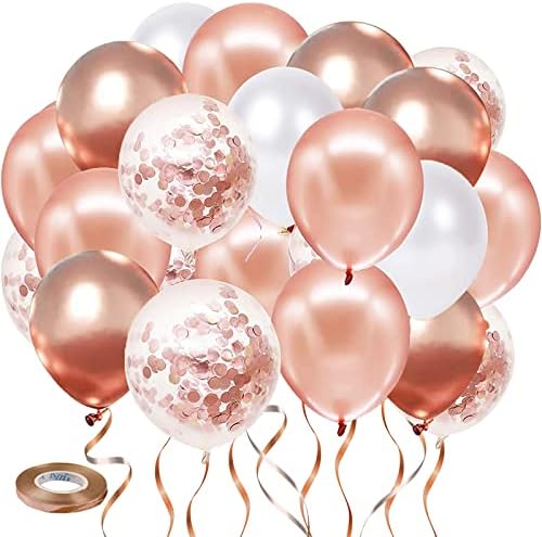 Rose Gold Confetti Balloons, 50 Pack Rose Gold White Balloons and Rose Gold Metallic Balloons for Birthday Wedding Engagement Bachelor Bridal Shower Party Decorations…