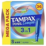 Tampax Tampones Pearl Compak Super Con Aplicador Suave, Pack de 36, 3 en 1 Protección Antifugas, Comodidad Y Fácil Inserción