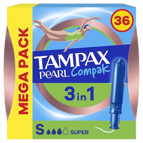 Tampax Tampones Pearl Compak Super Con Aplicador Suave, Pack de 36, 3 en 1 Protección Antifugas, Comodidad Y Fácil Inserción