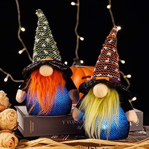 GMOEGEFT Halloween Gnomes 7 Color Changing Lights with Timer, Swedish Tomtes Witch Gnomes Holiday Table Decoration - Set of 2(A)