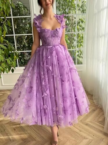 Xijun Women‘s 3D Butterflies Tulle Prom Dress Tea Length Corset Spaghetti Straps Formal Evening Gown with Pockets2